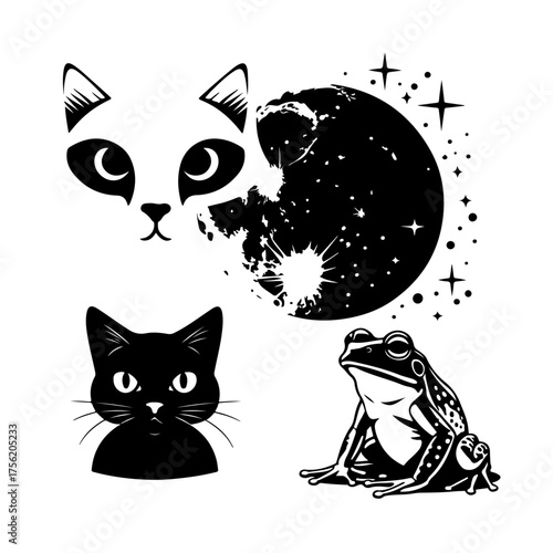 A creative and artistic composition of nocturnal animals, including a panda face merged with a starry night sky, a black cat, and a frog. This vector illustration has a magical, celestial, and wild th