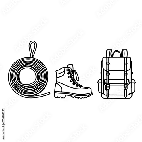  An icon set of essential outdoor adventure equipment, featuring a coiled climbing rope, sturdy hiking boots, and a loaded backpack. This vector graphic is perfect for themes of trekking, camping, and