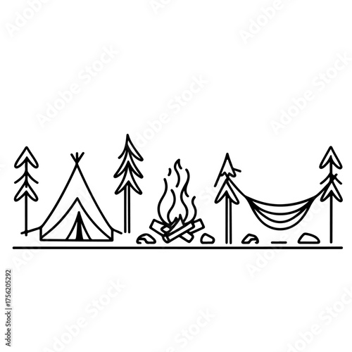  A serene outdoor camping scene in a forest at night. This peaceful line art vector illustration depicts a tent, a crackling campfire, and a relaxing hammock between pine trees, perfect for adventure 