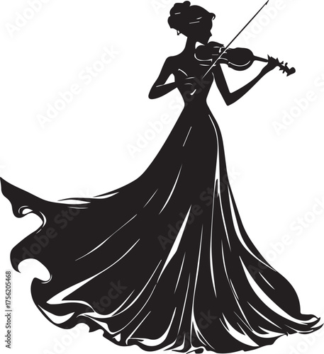 Woman in flowing gown playing violin, black silhouette vector illustration for music and elegance themes