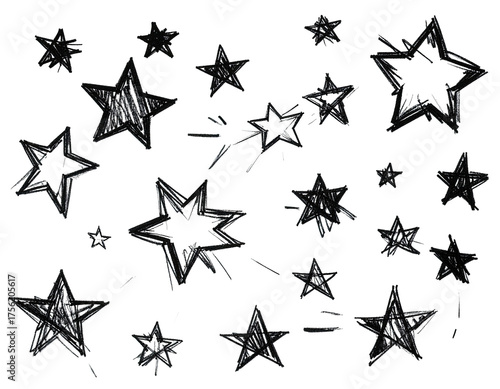 Collection of charcoal-style, five-pointed stars on a black background
