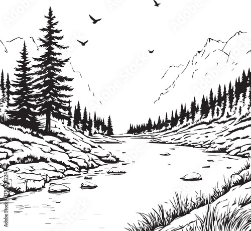 Black and white vector illustration of tranquil mountain landscape with river, pine trees, rocks, and birds