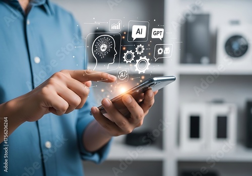 Conceptual image of a future mobile application, where a finger touch activates a glowing AI circuit interface.