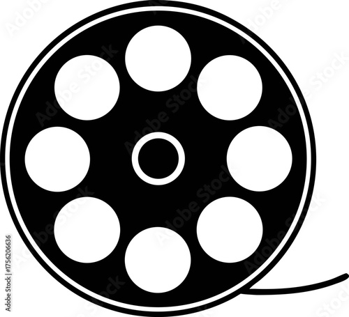 Vintage Film Reel Icon Black and White Symbol of Cinema and Filmmaking, Representing Classic Movie Entertainment and Media History