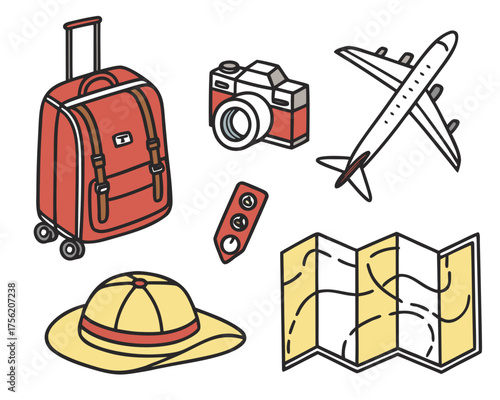 Travel essentials including suitcase and airplane