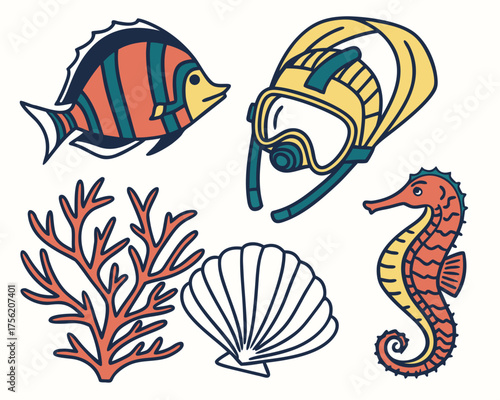 Marine life illustration featuring fish, seahorse, coral, shell, and diving mask