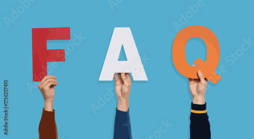 Hands holding letters spelling faq against a blue background