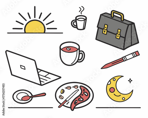 Isometric illustration of daily routine elements
