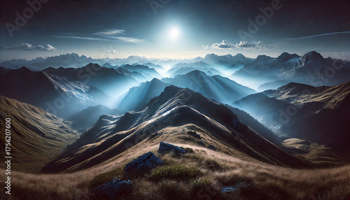 A breathtaking panoramic view of a mountain range under moonlight