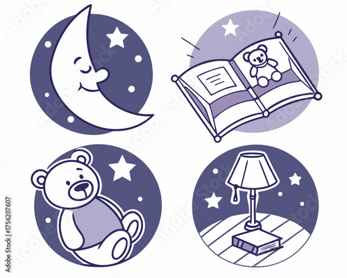 Four bedtime themed illustrations for children