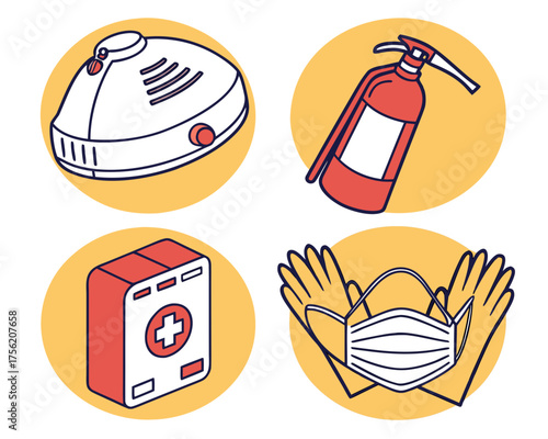 Emergency preparedness kit featuring smoke detector, extinguisher