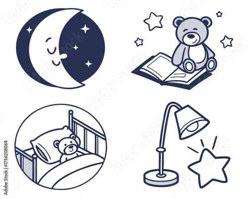 Black and white cartoon illustration of bedtime routine icons isolated background
