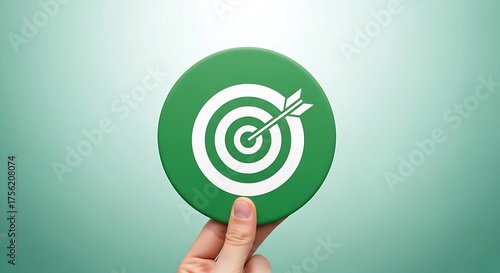 Visual metaphor for goal setting, a vibrant green target held by a hand, emphasizing accuracy and planning.