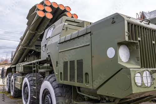 Soviet and Russian multiple rocket launchers. Field jet complex. A combat vehicle mounted on a truck chassis. Weapons with increased firepower. Heavy vehicle with multiple rocket launcher system.