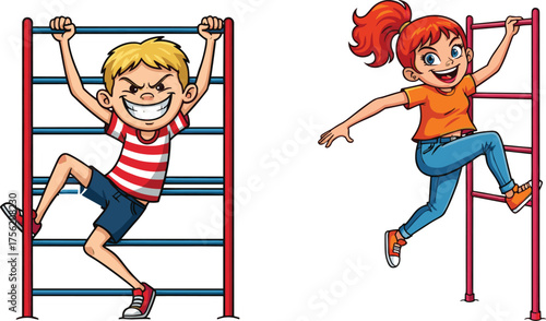 Children climbing playground ladders, cartoon action scene, physical activity, outdoor play, energetic movement, colorful illustration, joyful kids, fitness fun