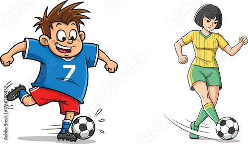 Children playing soccer, cartoon sports illustration, kicking and dribbling action, energetic movement, colorful jerseys, athletic kids, outdoor fun, dynamic pose