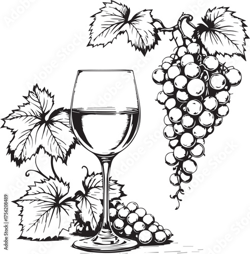 Black and white vector illustration of wine glass with grapes and vine leaves in elegant vintage style