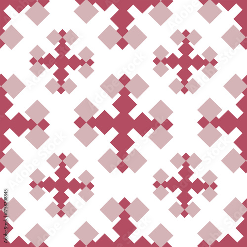 Geometric seamless pattern featuring interlocking crosses with diamond shapes. The repeating motifs create a symmetrical and balanced appearance, suitable for textiles or wallpapers. 