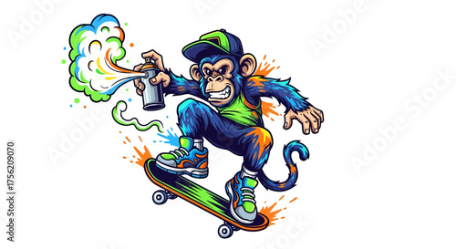 Cool monkey skateboarding and spray painting vibrant graffiti art for urban culture designs, edgy street style, and expressive creative projects