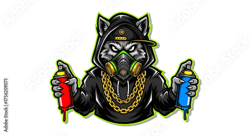 Cool cartoon wolf character ready for street art with spray paint in hand and stylish hoodie, perfect for edgy designs and urban flair, great for creative projects