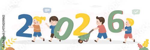 Celebration of new 2026 year. Group of preschool kids celebrate for new year 2026. Happy multi ethnic children carrying giant numbers. Horizontal banner.