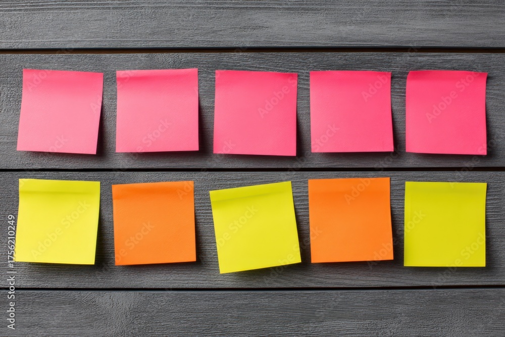 Fototapeta premium Colorful sticky notes arranged artistically on a rustic wooden surface creating a dynamic visual engagement perfect for brainstorming creativity or office organization techniques