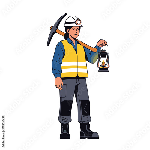 Female miner with pickaxe and lantern in safety gear illustration