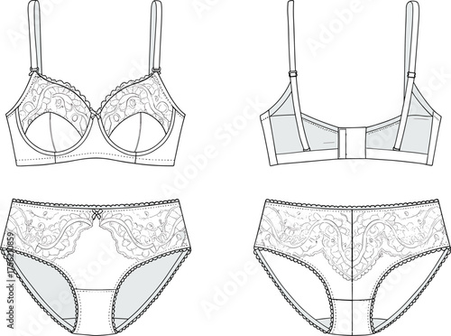 Lingerie technical sketch, bra and panty front and back view, lace detail, fashion cad, garment flat, cad drawing flat vector illustration