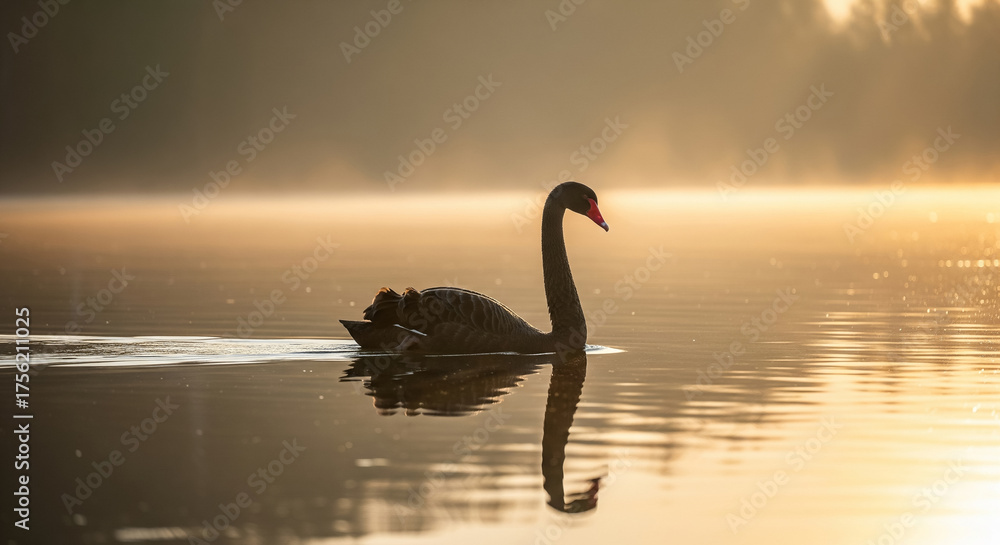 Fototapeta premium Black Swan Floating on Lake at Sunrise