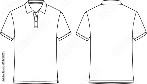 Polo shirt technical sketch, front and back view, garment flat design, fashion cad, apparel vector, collar detail, cad drawing flat vector illustration