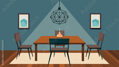 A dining room with a rustic wooden table industrial metal chairs and a geometric pendant light suspended over the table.