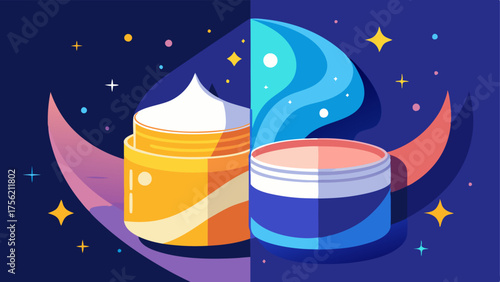the day cream illustration with glowing vibrant skin contrasted with the night cream illustration showing rejuvenated refreshed skin.