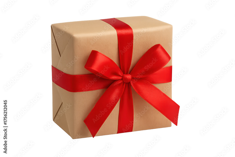 Obraz premium Gift box wrapped in brown paper with red ribbon