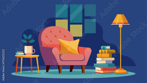 A cozy reading nook with a tufted velvet armchair gold floor lamp and a stack of fashion magazines.