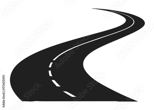 Curving Road Ahead Graphic Design with Dashed Lines and Asphalt Blacktop for Transportation Concepts and Future Direction