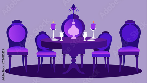 A decadent dining table set with velvet chairs in shades of sapphire blue and ayst purple.