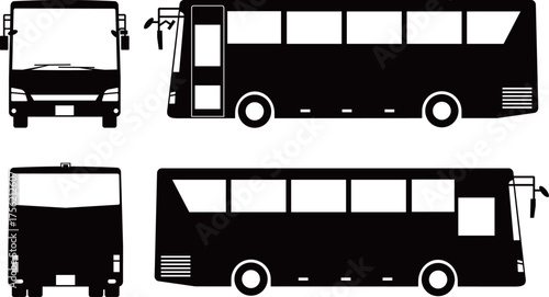 正面、後ろ、横から見た観光バスの白黒シルエット