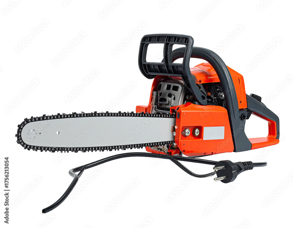 Fototapeta premium Bright orange and silver electric power tool with chain and cord, against a dark background