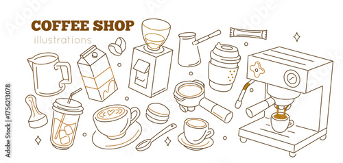 Hand drawn coffee brewing equipment set. Vector collection of milk pitcher, espresso machine, grinder, beans and other. Sketch doodle style illustration.