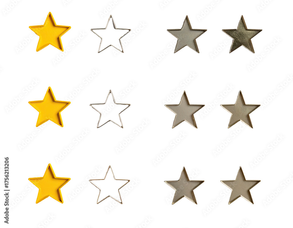 Fototapeta premium Nine diverse star-shaped icons in gold, silver, and pewter arranged on a dark background