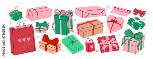 Whimsical gift boxes, bags with ribbons, bows, wrapping paper. Cute festive presents for celebration, holiday, special occasion. Modern cartoon illustration, stickers, doodles.