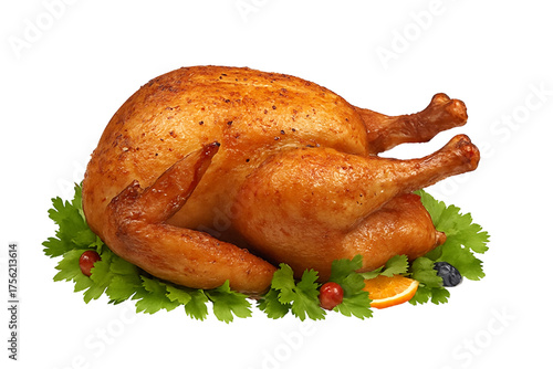 Thanksgiving roasted turkey with garnish, delicious Thanksgiving turkey dinner, festive Thanksgiving turkey isolated png, Isolated on transparent background, PNG die-cut for advertising.