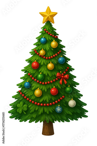 Christmas tree decorated with ornaments and star, festive Christmas tree with shiny decorations, beautiful Christmas tree isolated for holiday design, Isolated on transparent background, PNG die-cut.