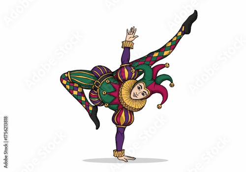 Jester Performing Acrobatics on White Background.