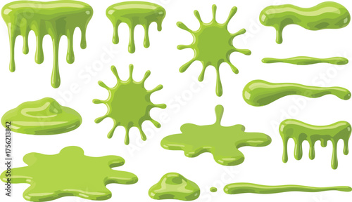  Viral Toxic Goo - Realistic Drip & Splatter Set  slime, toxic goo, realistic drip, splatter set, neon green, vector liquid, melt, sticky, spooky, Halloween, popular texture,