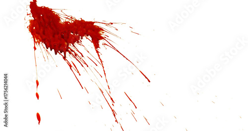 Photograph capturing a dramatic blood splash on a clean white background. The red liquid forms organic droplets and abstract shapes. Adeal for horror, medical, or artistic use.