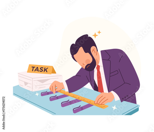 Illustration of businessman measuring pen on desk with ruler while ignoring piles of work task. Concept of perfectionism, distraction, and lack of productivity at workplace