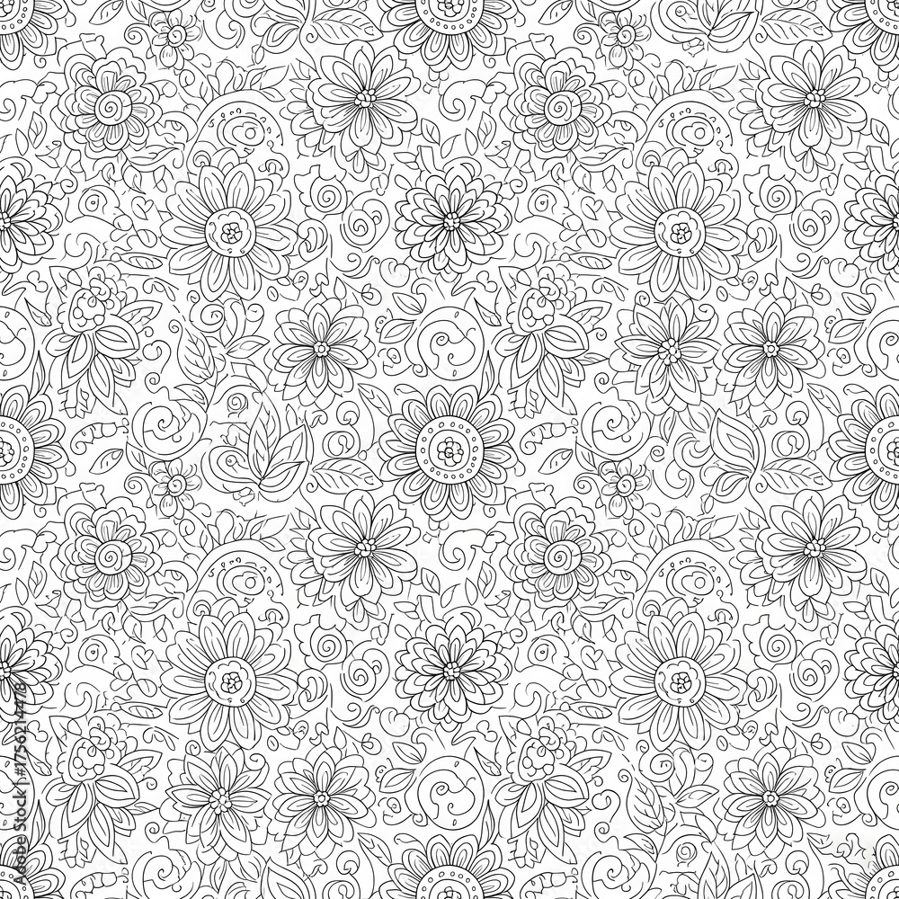 Obraz premium Intricate black and white floral pattern creates a detailed and ornate seamless background texture