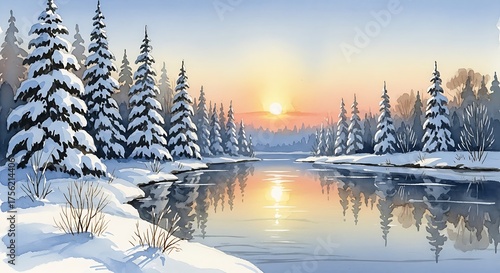 Winter landscape with snow covered trees reflecting in a calm river at sunset watercolor painting