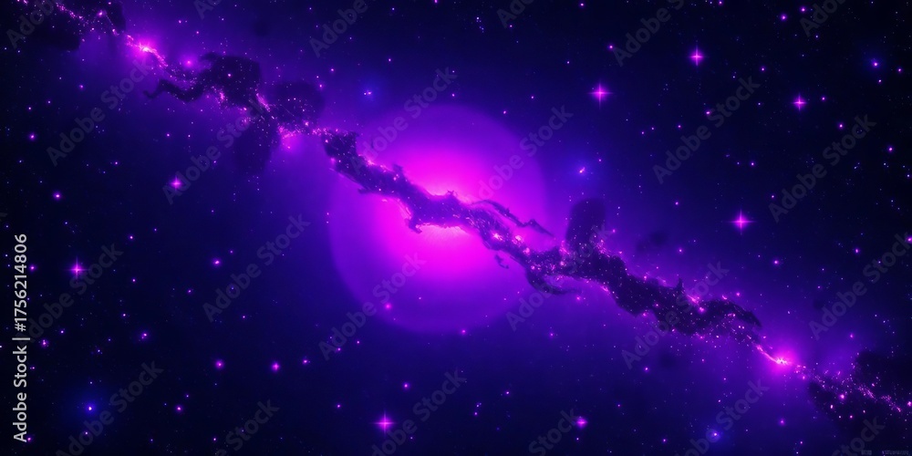 Naklejka premium Cosmic anime background featuring vibrant purple stars scattered across a dark galaxy, illustration art, astronomy